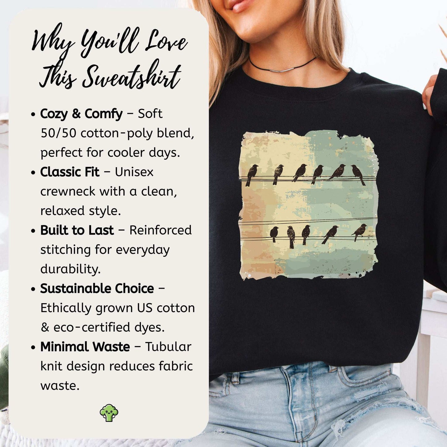 Birds on a Wire Sweatshirt – Retro Nature Gift with Urban Chill Vibes
