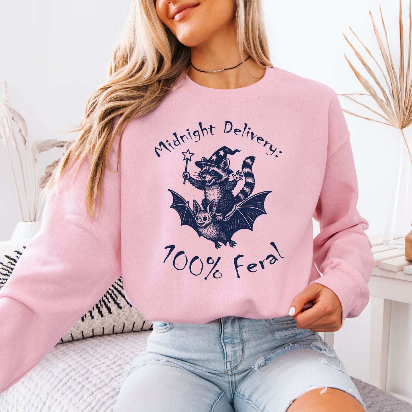 Midnight Delivery Raccoon Halloween Sweatshirt – 100% Feral Bat Ride Chaos