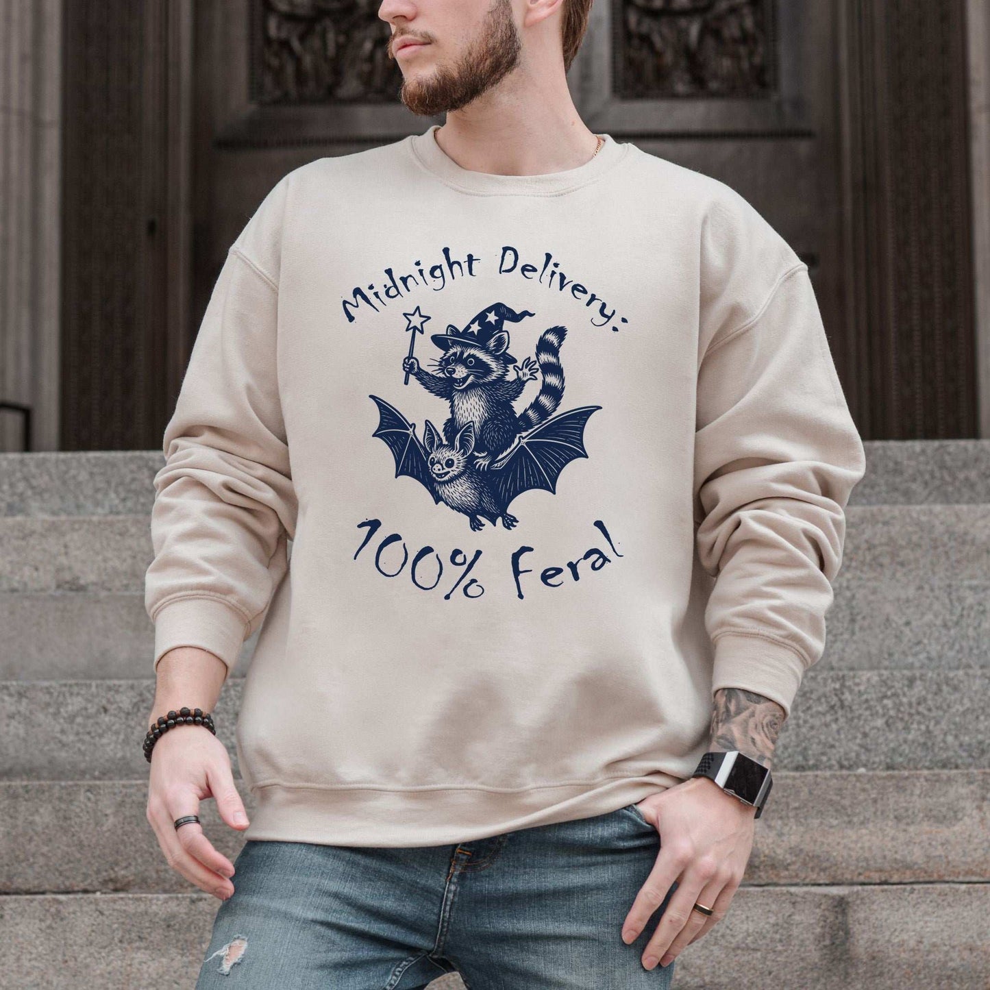 Midnight Delivery Raccoon Halloween Sweatshirt – 100% Feral Bat Ride Chaos