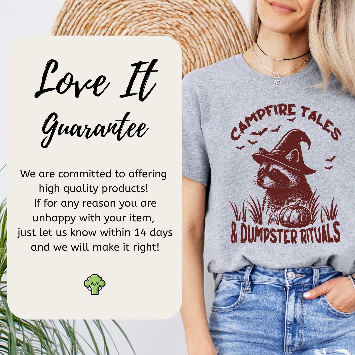 Campfire Tales Raccoon Halloween T-shirt featuring a playful raccoon in a witch hat with a pumpkin.