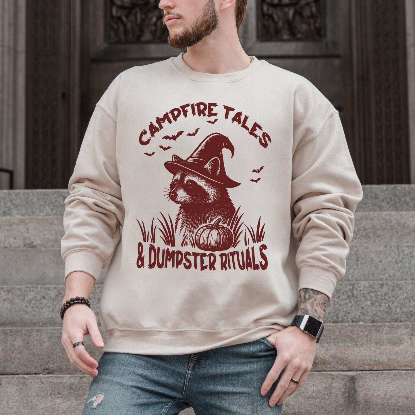 Campfire Tales Raccoon Halloween Sweatshirt – Dumpster Rituals Witchy Vibes