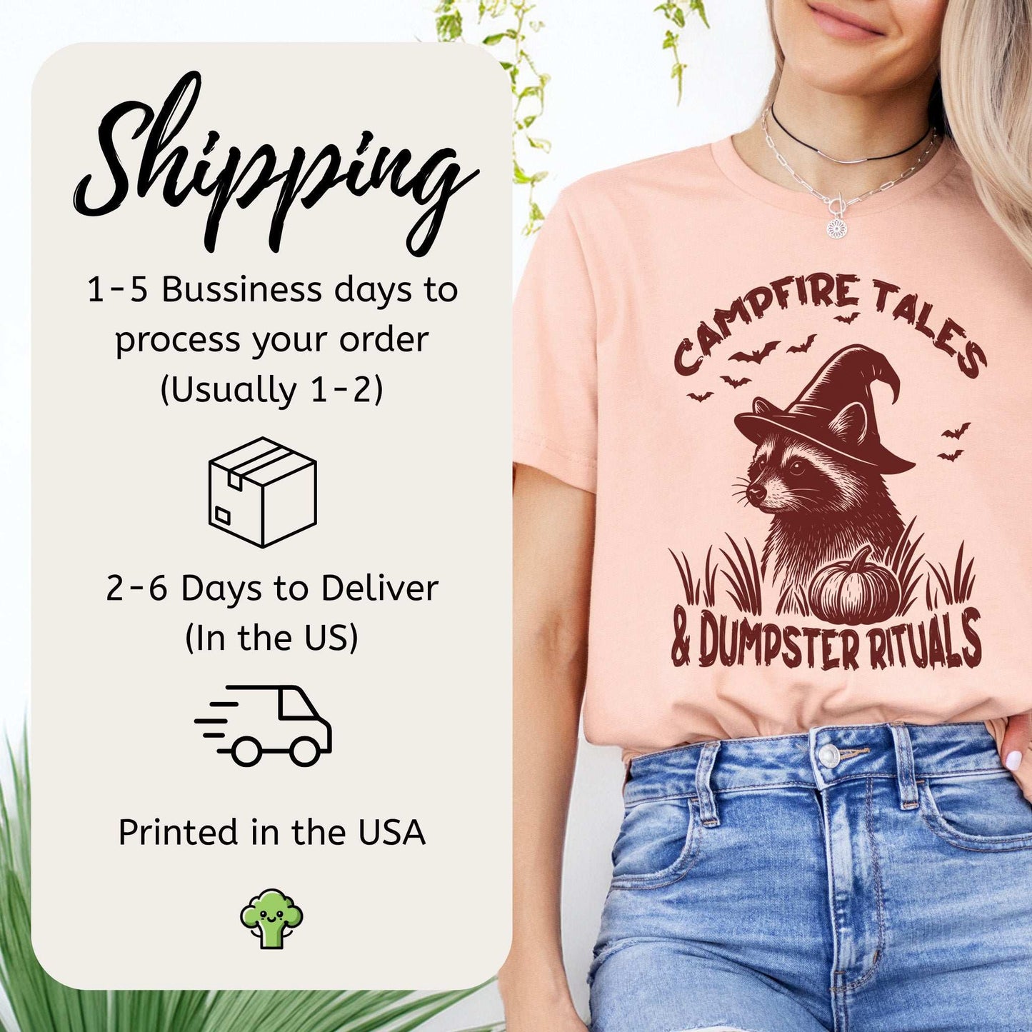 Campfire Tales raccoon Halloween T-shirt shipping info, featuring a woman wearing the tee in a cozy setting.