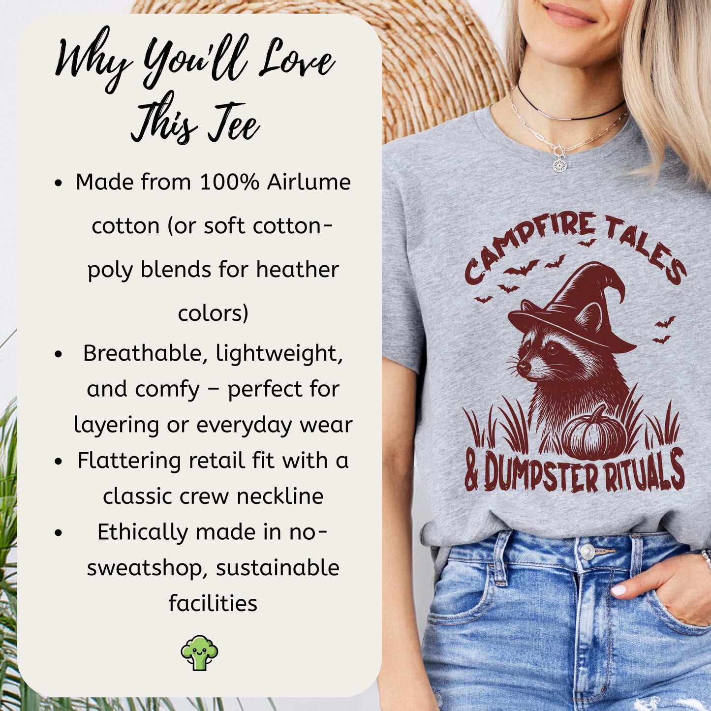 Campfire Tales Raccoon Halloween T-shirt featuring breathable fabric and witchy design for casual wear.