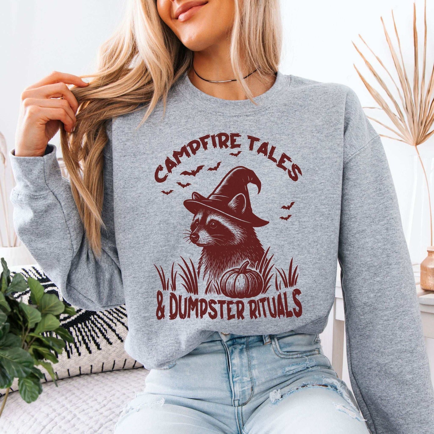 Campfire Tales Raccoon Halloween Sweatshirt – Dumpster Rituals Witchy Vibes