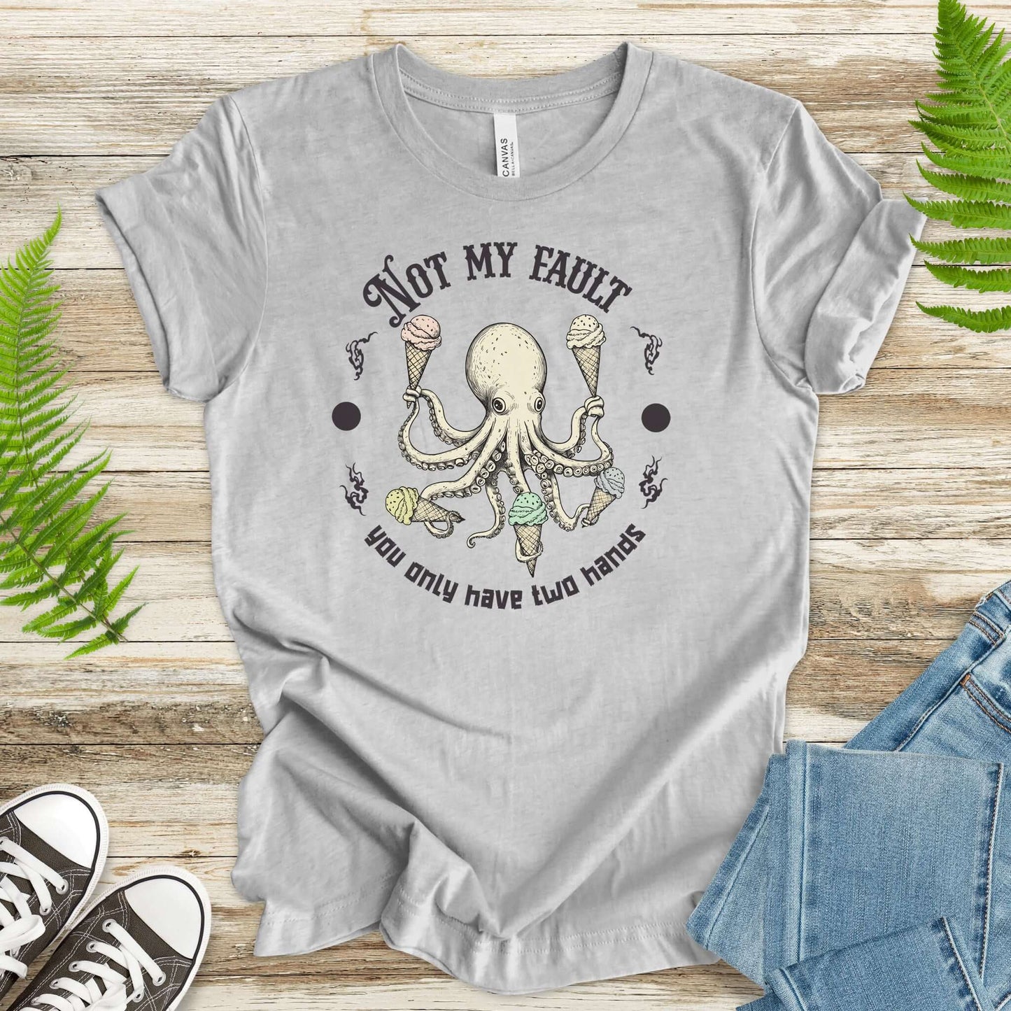 Funny octopus ice cream lover T-shirt with humorous design, perfect for animal lovers and dessert enthusiasts.