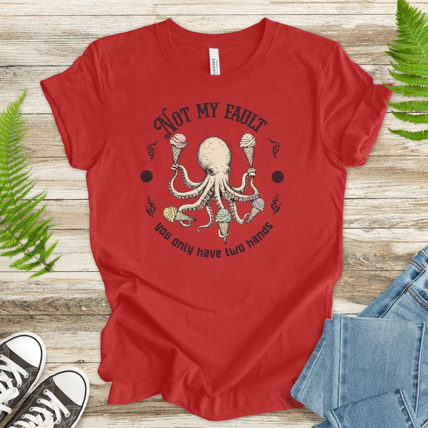 Funny octopus T-shirt with ice cream design, perfect for animal lovers and sweet tooth enthusiasts.