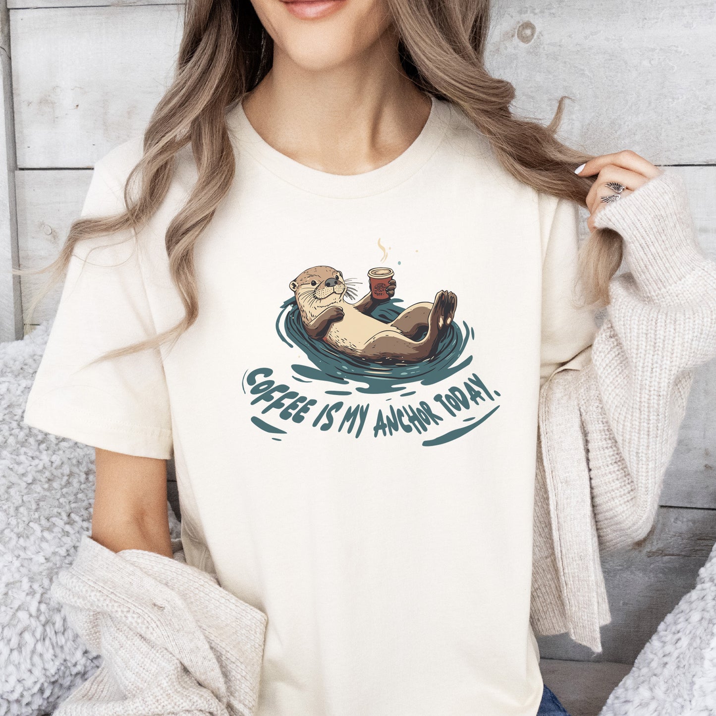 Coffee Is My Anchor Today – Playful Otter T-Shirt