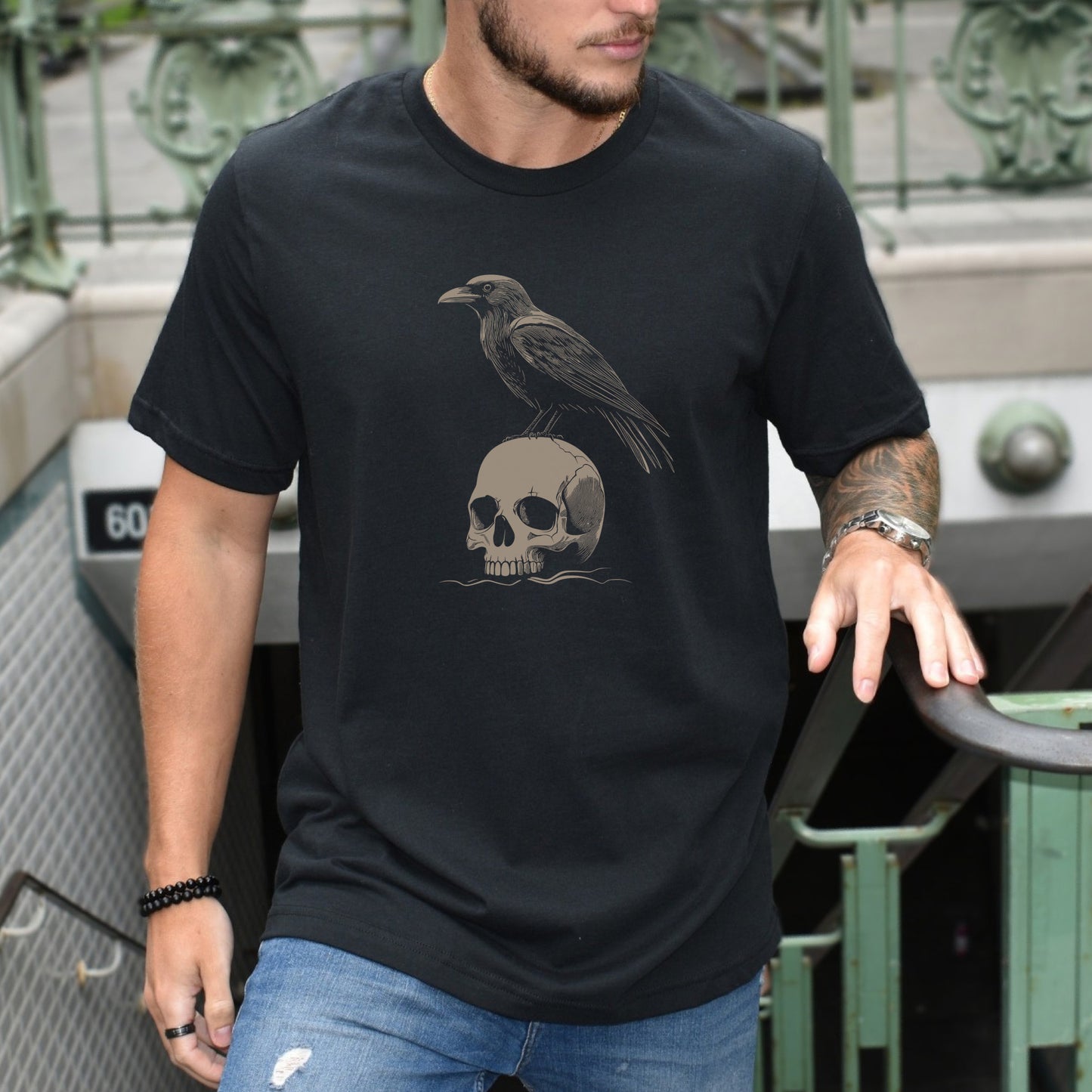 Raven on Skull T-Shirt – Bold and Realistic Gothic Design