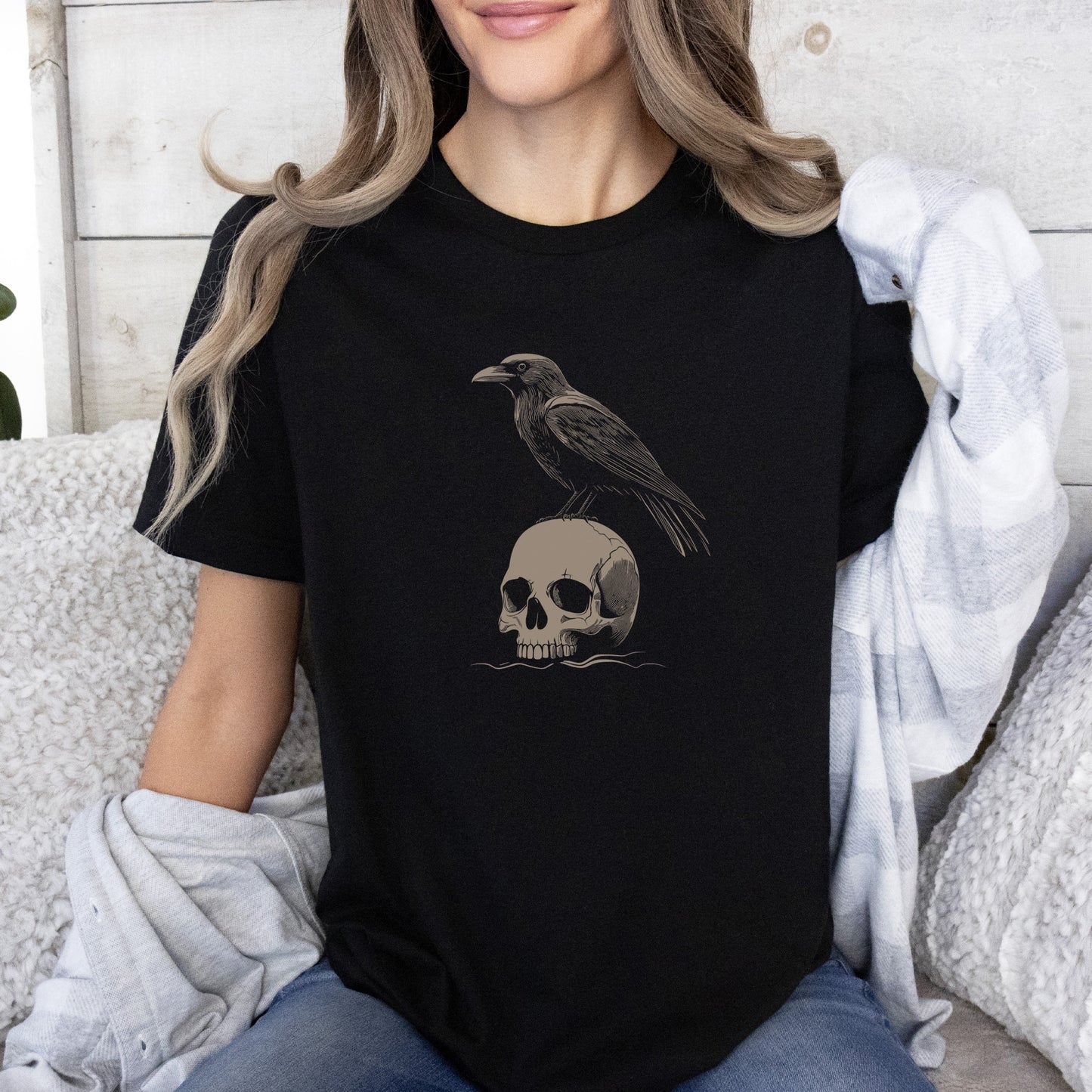 Raven on Skull T-Shirt – Bold and Realistic Gothic Design