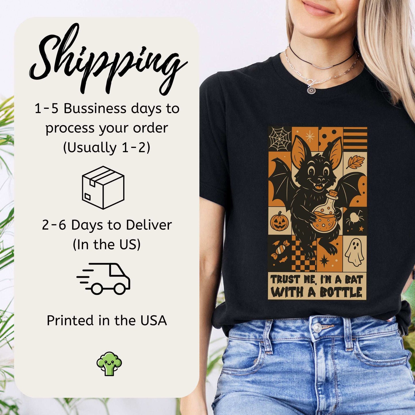 Potion Bat Halloween T-shirt featuring a whimsical bat with a potion bottle and vintage charm.