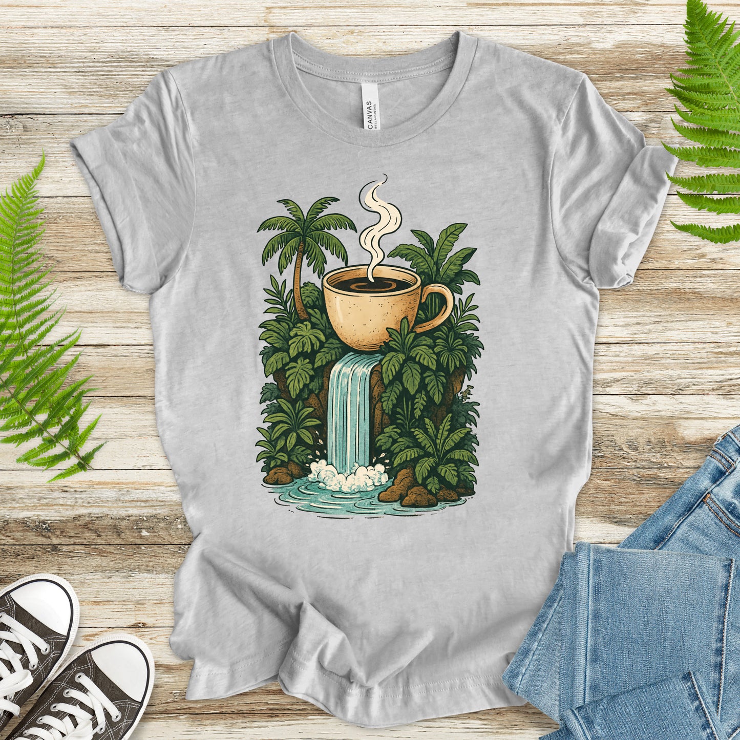 Jungle Coffee Waterfall T-Shirt – Nature Lover & Caffeine Dream Tee