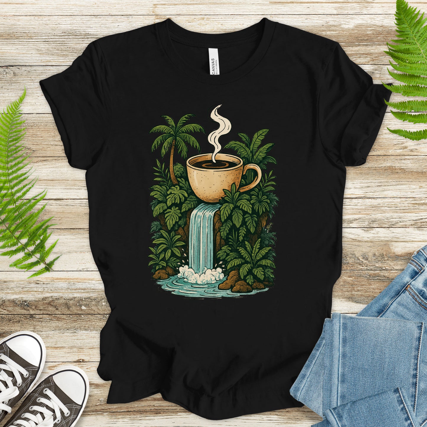 Jungle Coffee Waterfall T-Shirt – Nature Lover & Caffeine Dream Tee