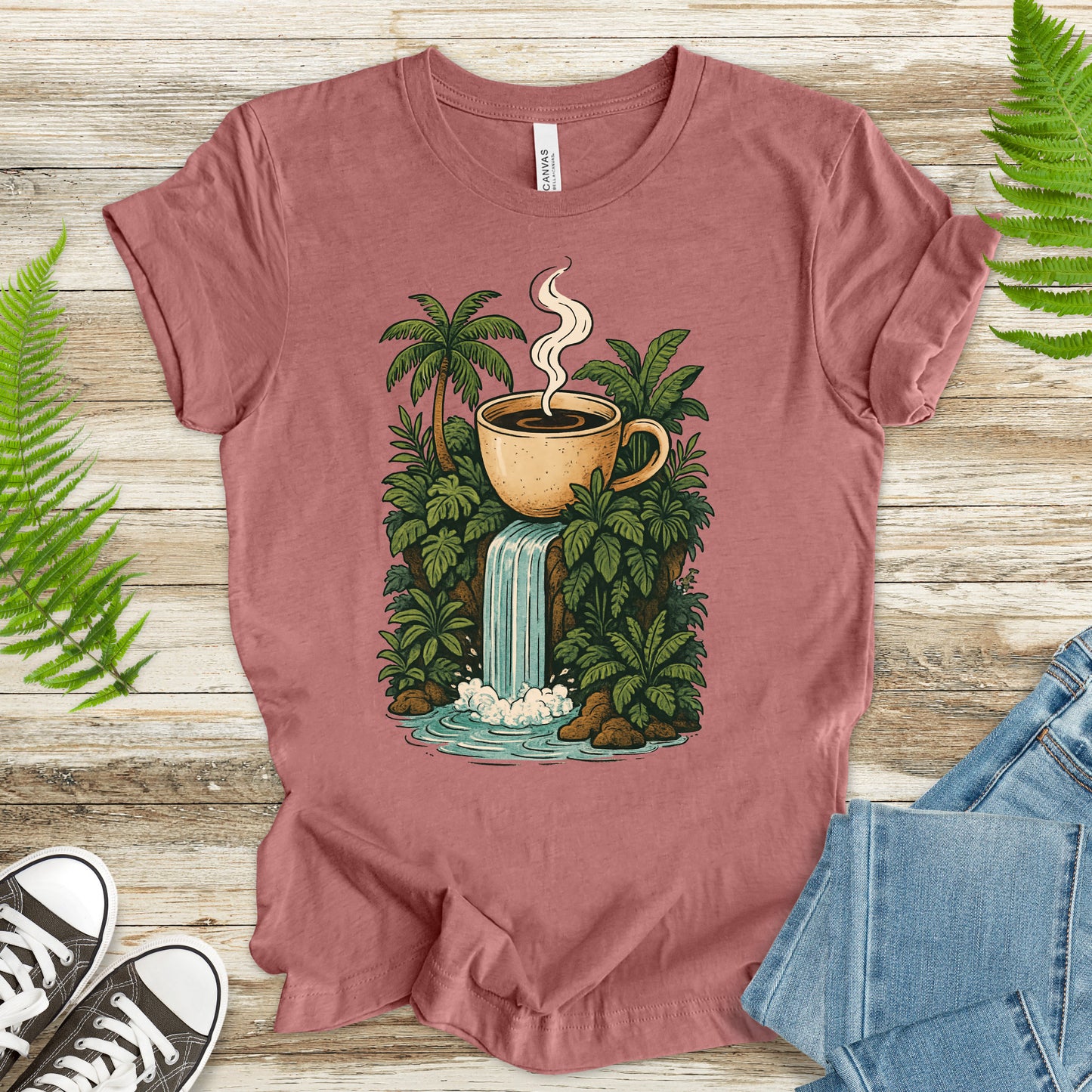 Jungle Coffee Waterfall T-Shirt – Nature Lover & Caffeine Dream Tee