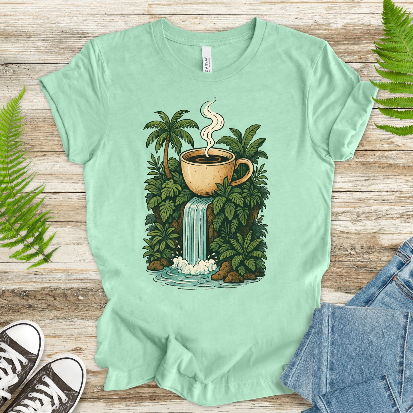 Jungle Coffee Waterfall T-Shirt – Nature Lover & Caffeine Dream Tee