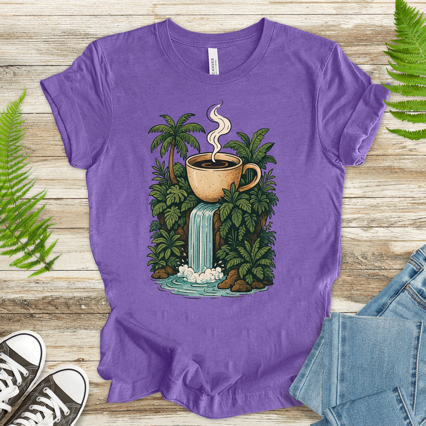 Jungle Coffee Waterfall T-Shirt – Nature Lover & Caffeine Dream Tee