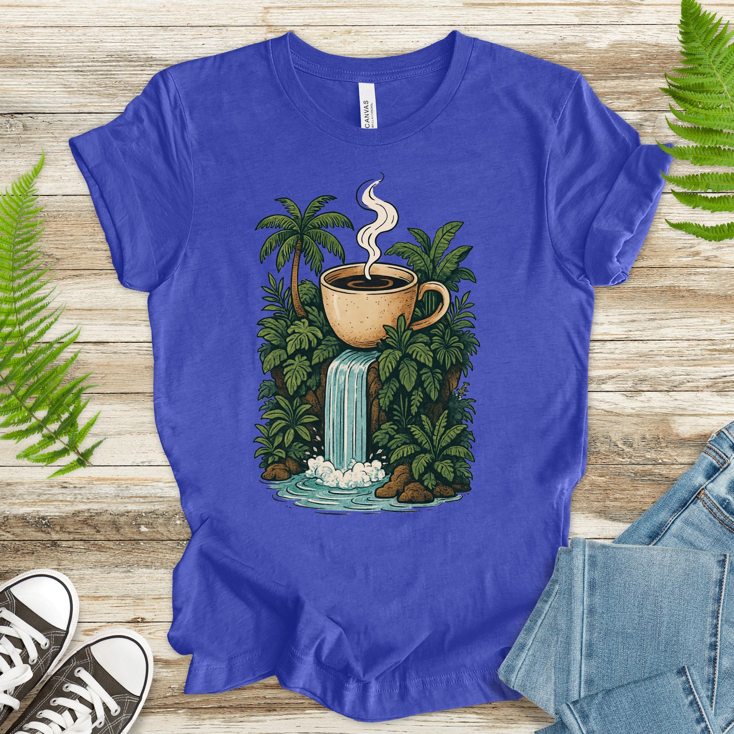 Jungle Coffee Waterfall T-Shirt – Nature Lover & Caffeine Dream Tee