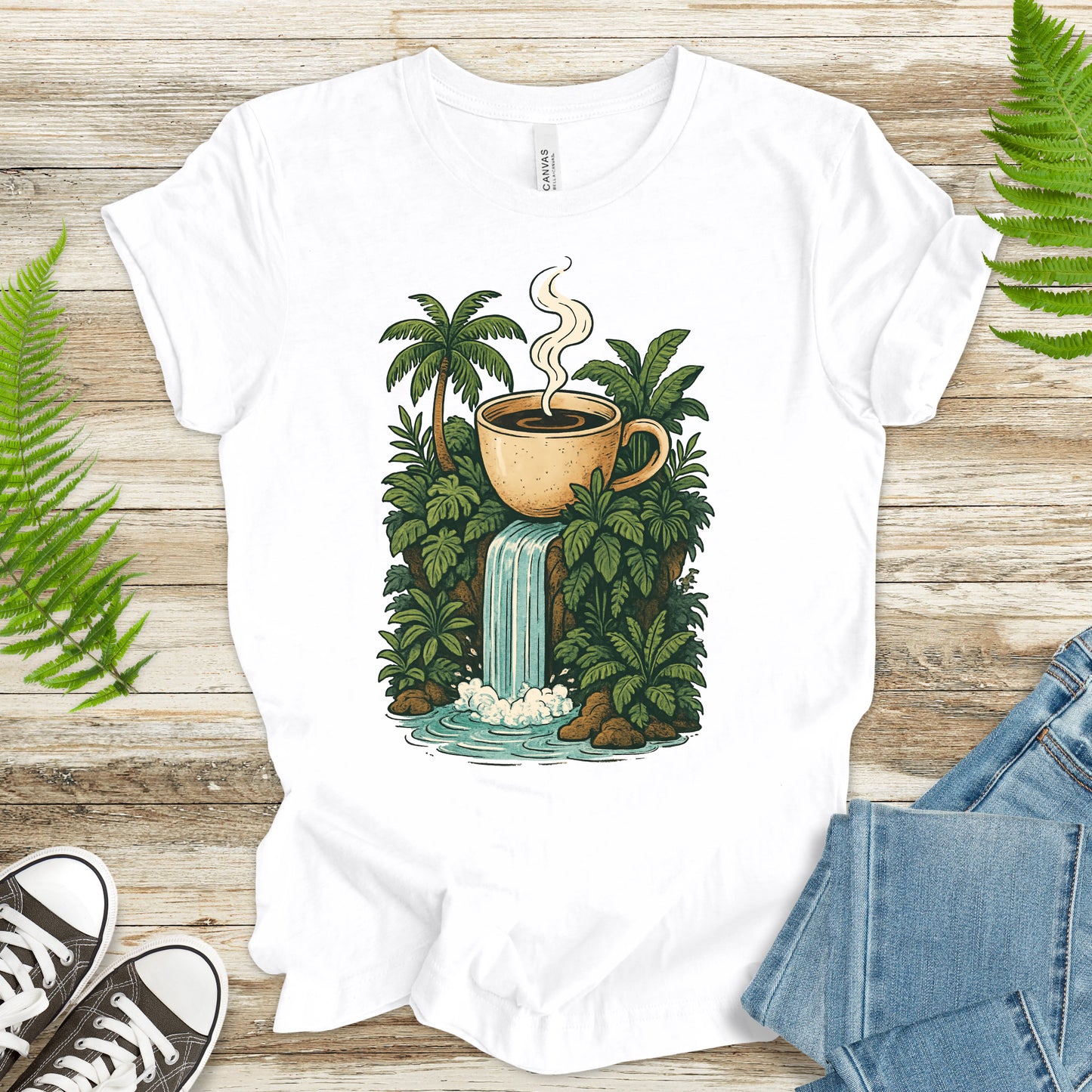 Jungle Coffee Waterfall T-Shirt – Nature Lover & Caffeine Dream Tee