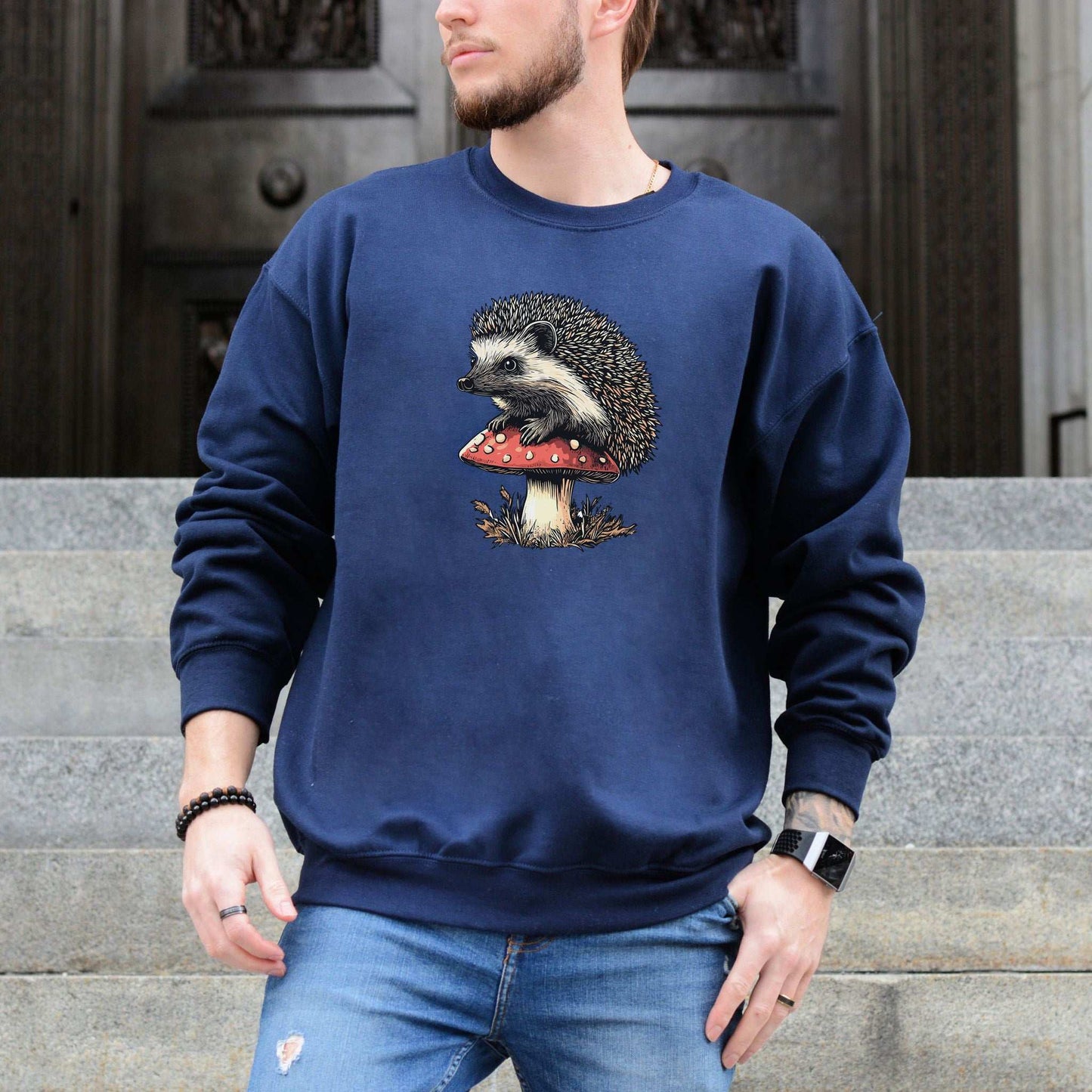 Hedgehog on Mushroom Sweatshirt – Vintage Woodland Gift with Cute Forest Vibes