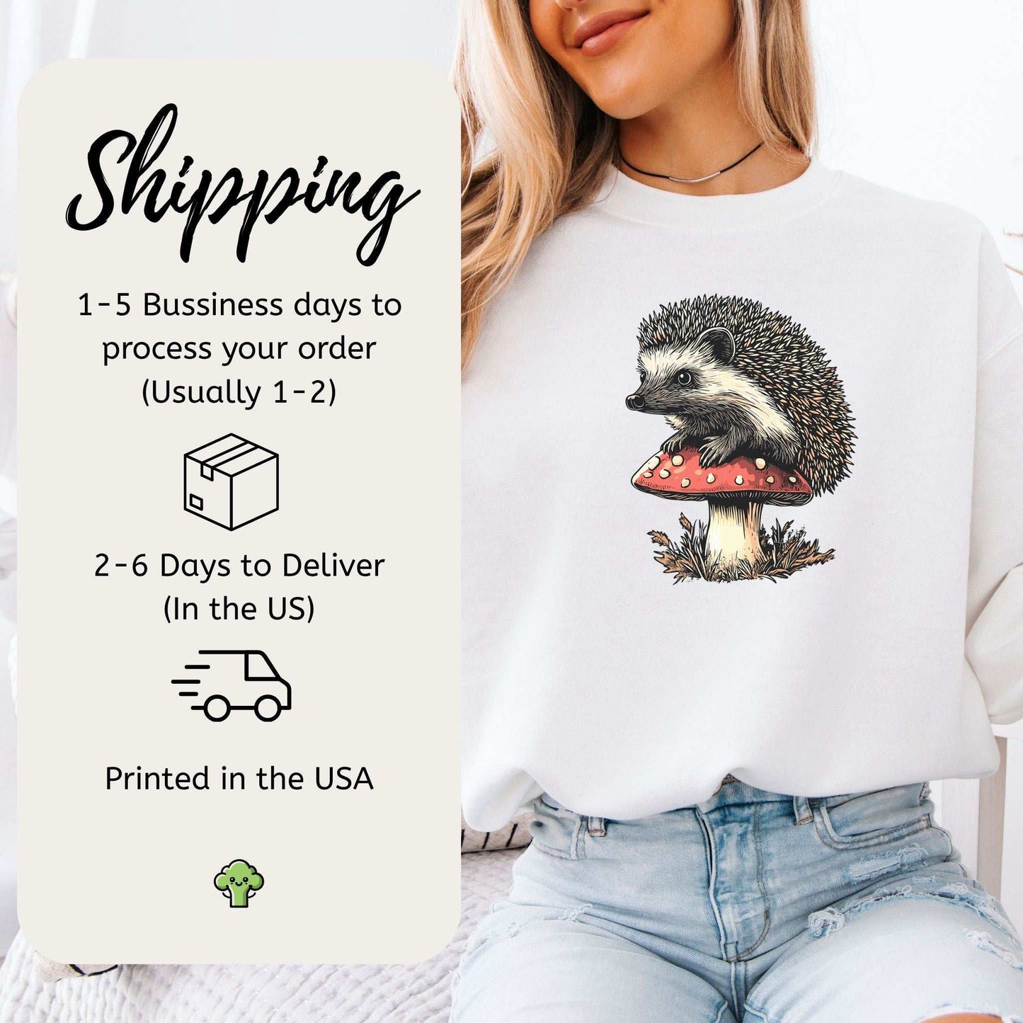 Hedgehog on Mushroom Sweatshirt – Vintage Woodland Gift with Cute Forest Vibes