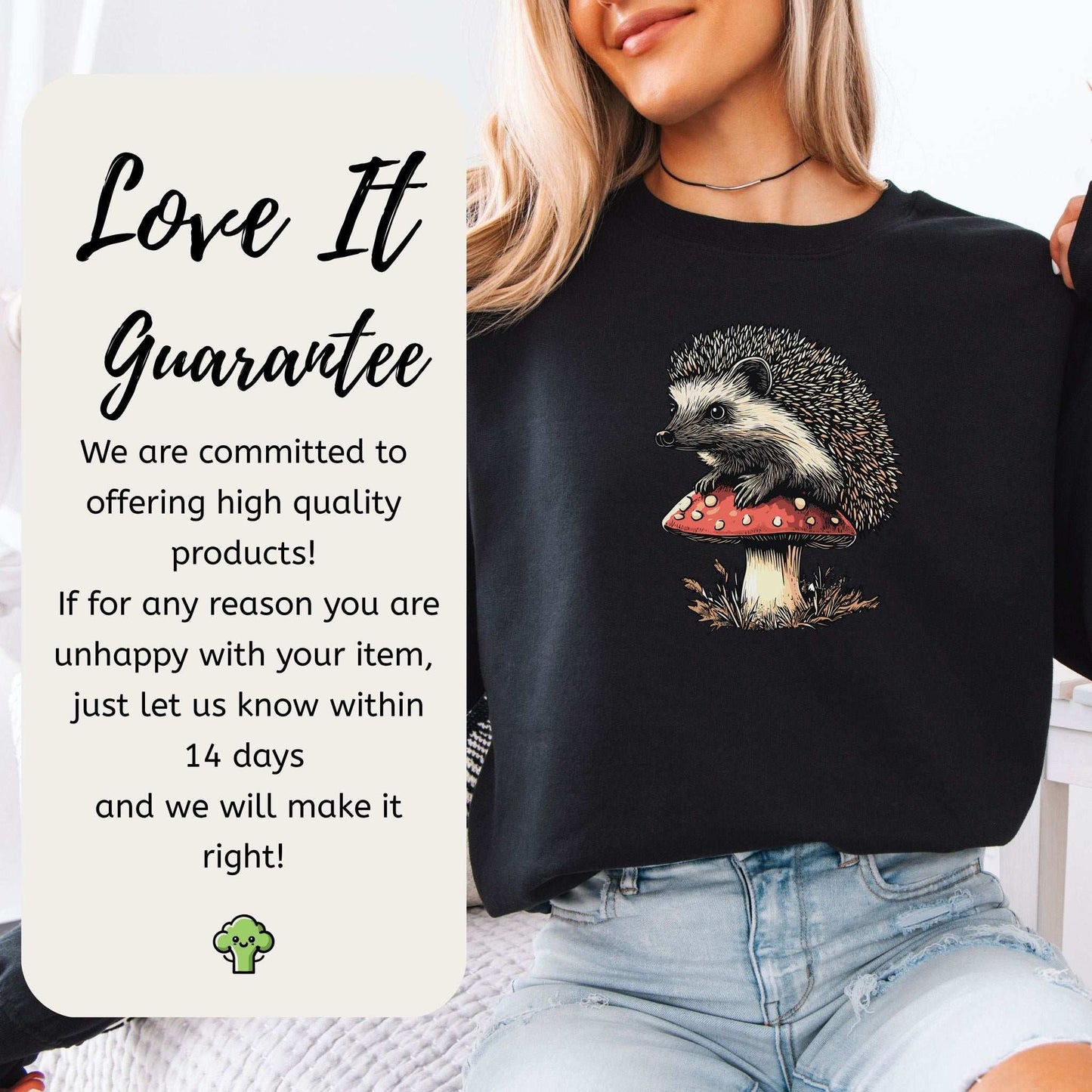 Hedgehog on Mushroom Sweatshirt – Vintage Woodland Gift with Cute Forest Vibes