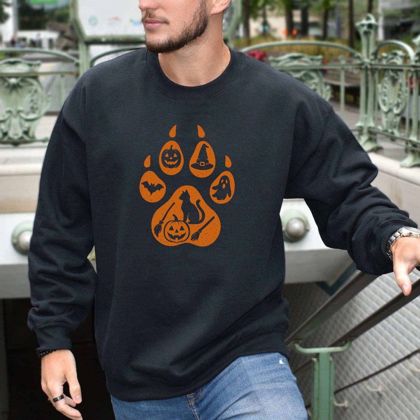 Halloween Cat Paw Print Sweatshirt – Spooky Season Gift for Cat Lovers