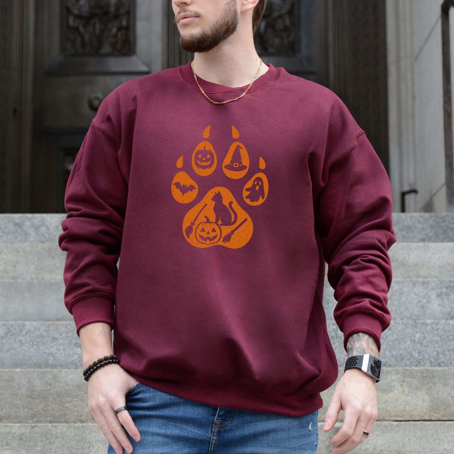 Halloween Cat Paw Print Sweatshirt – Spooky Season Gift for Cat Lovers
