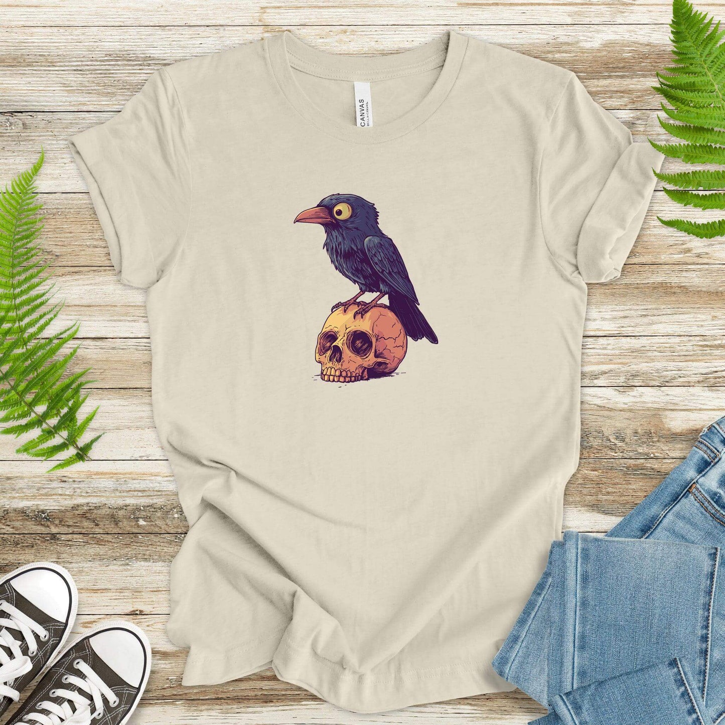 Crow on a Skull Cartoon T-Shirt - TShirtree
