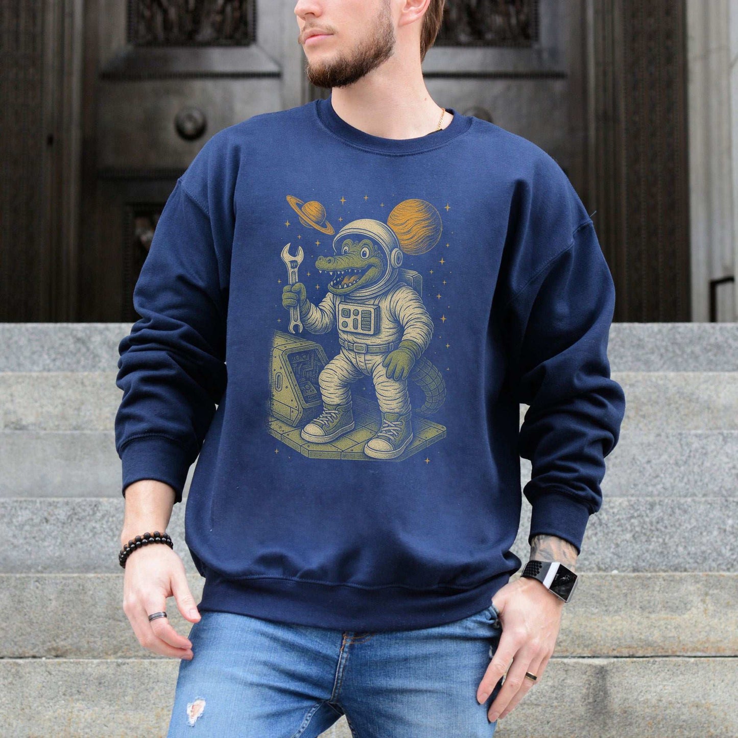 Astronaut Alligator Sweatshirt – Funny Space Repair Crew Reptile Gift