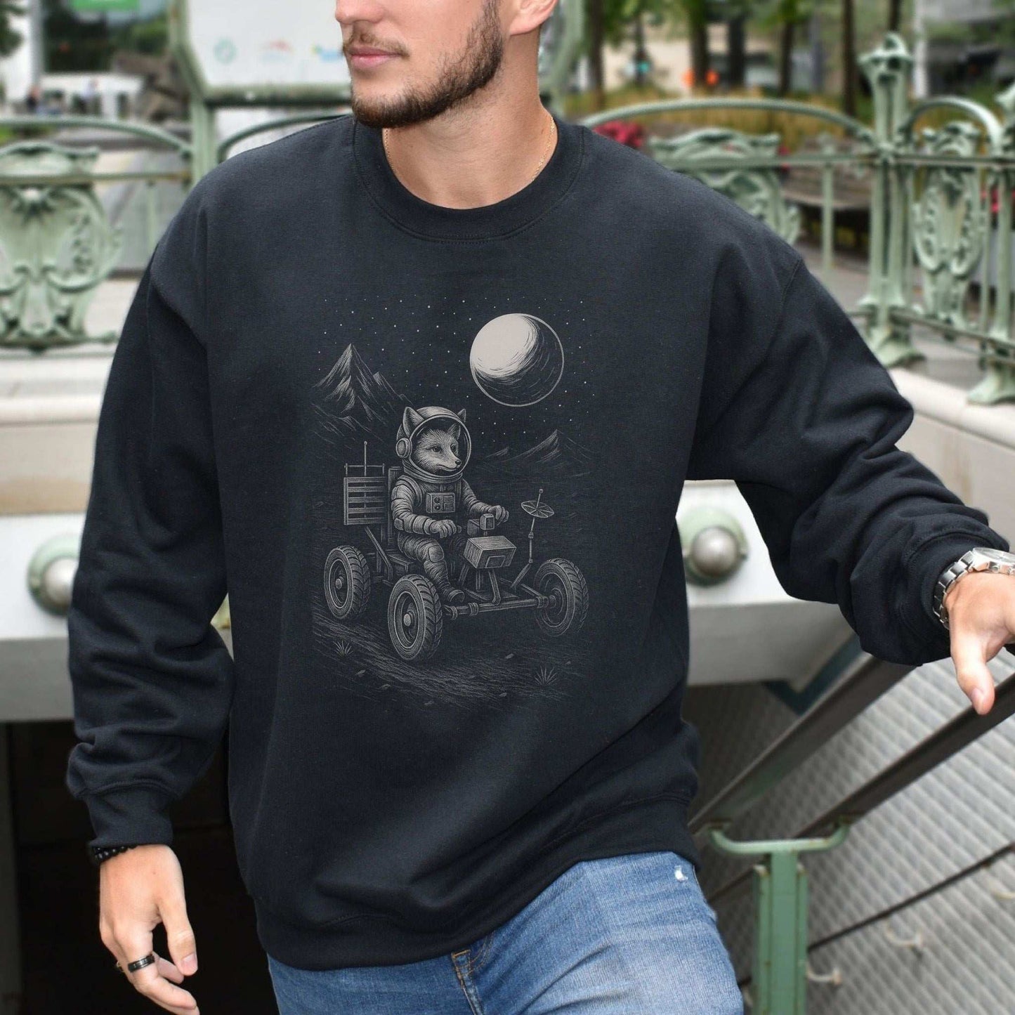Astronaut Fox Sweatshirt – Space Explorer Moon Rover Mischief