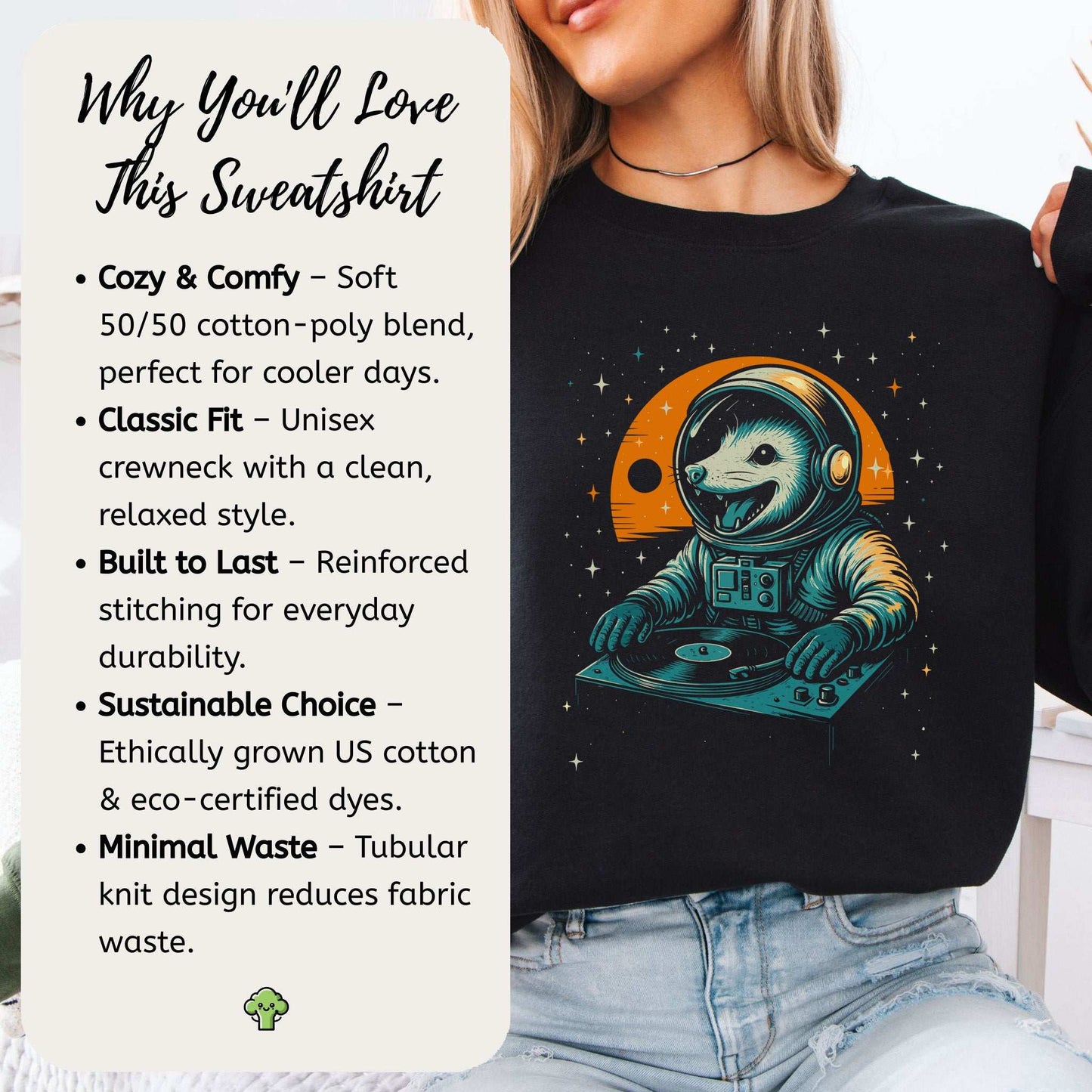 DJ Opossum Astronaut Sweatshirt – Funny Space Rave Chaoscore Energy