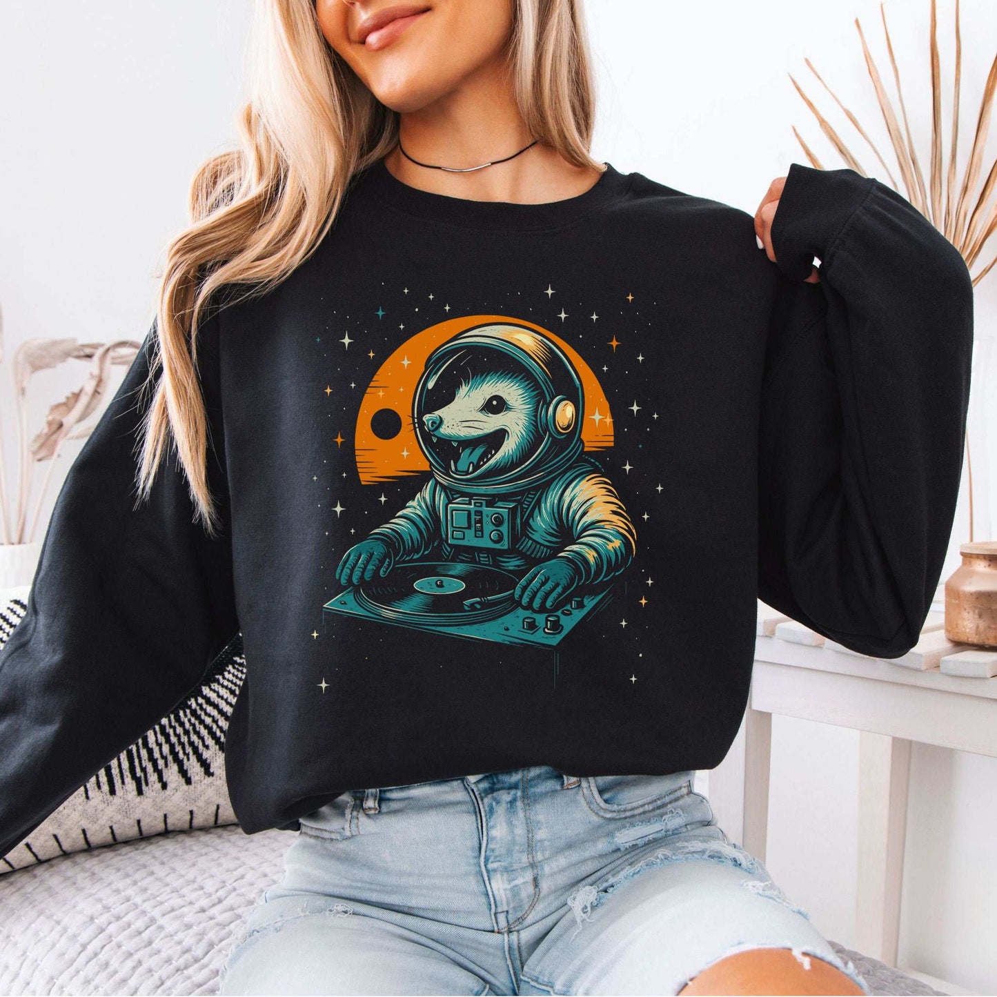 DJ Opossum Astronaut Sweatshirt – Funny Space Rave Chaoscore Energy