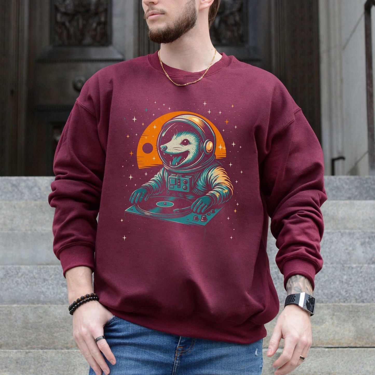 DJ Opossum Astronaut Sweatshirt – Funny Space Rave Chaoscore Energy
