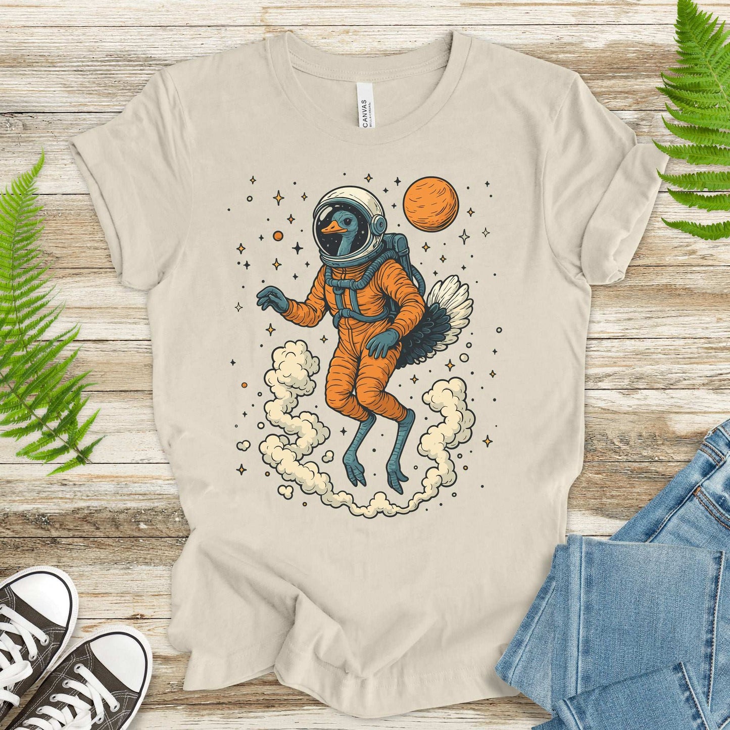 Astronaut Ostrich Space T-Shirt – Retro Cosmic Bird Nerd Tee