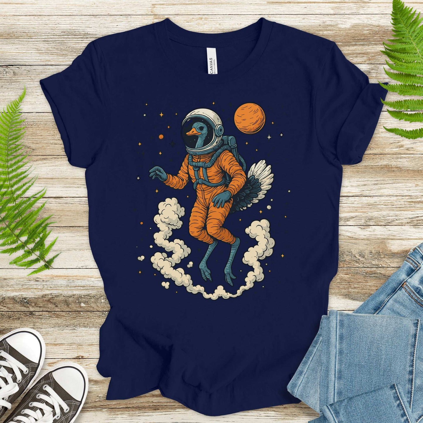 Astronaut Ostrich Space T-Shirt – Retro Cosmic Bird Nerd Tee