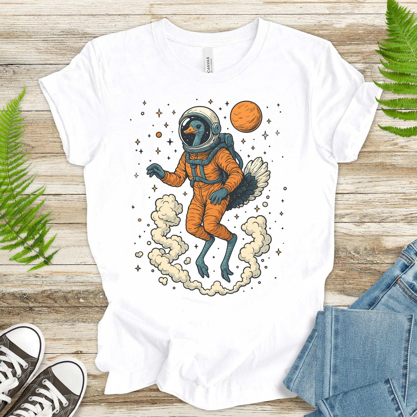 Astronaut Ostrich Space T-Shirt – Retro Cosmic Bird Nerd Tee
