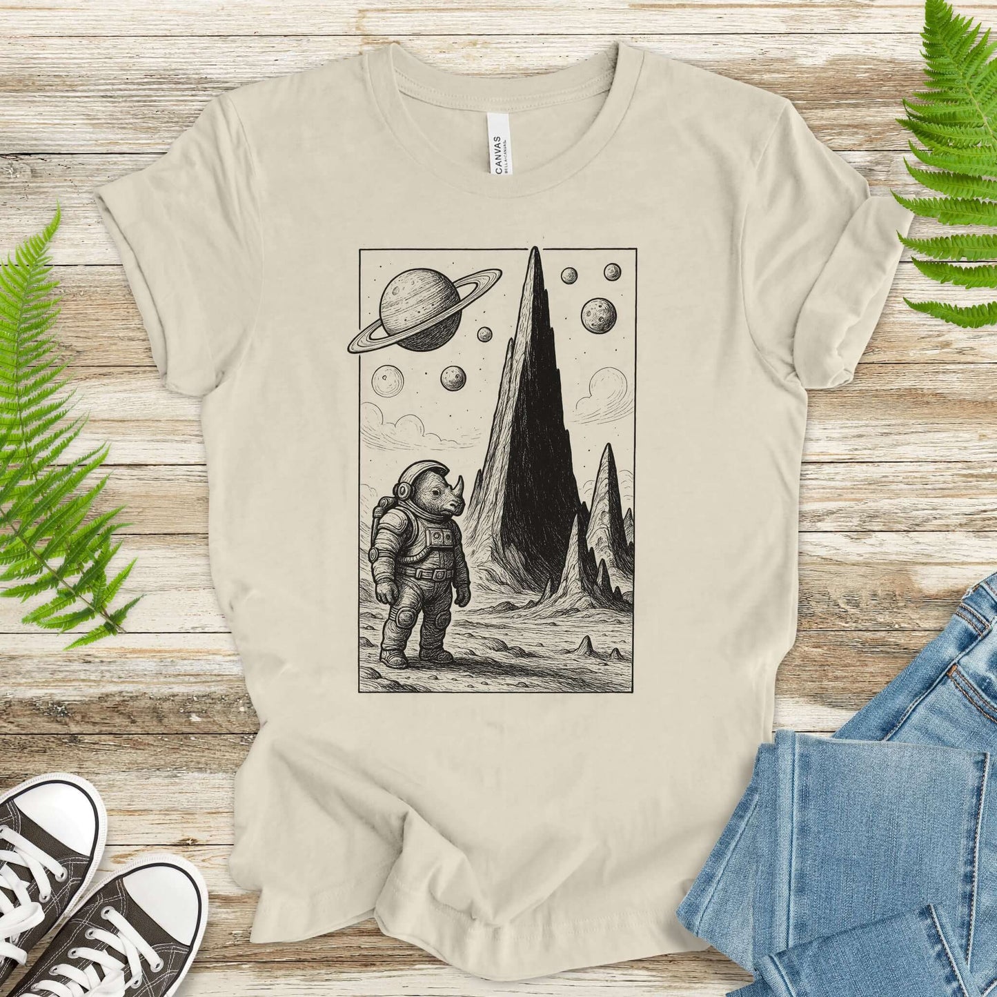 Astronaut Rhino T-Shirt – Retro Safari Space Adventure Tee