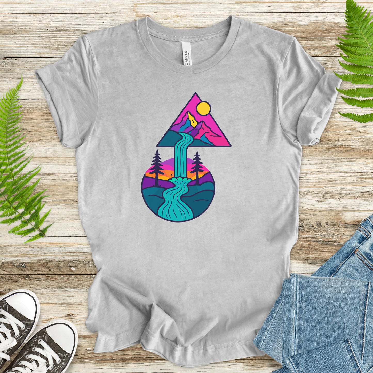 Psychedelic Mountain Waterfall T-Shirt – Colorful Geometric Nature Art Tee