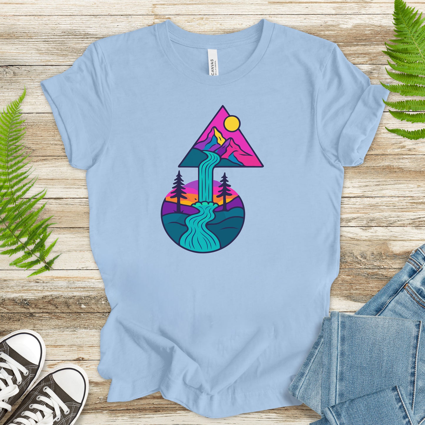 Psychedelic Mountain Waterfall T-Shirt – Colorful Geometric Nature Art Tee