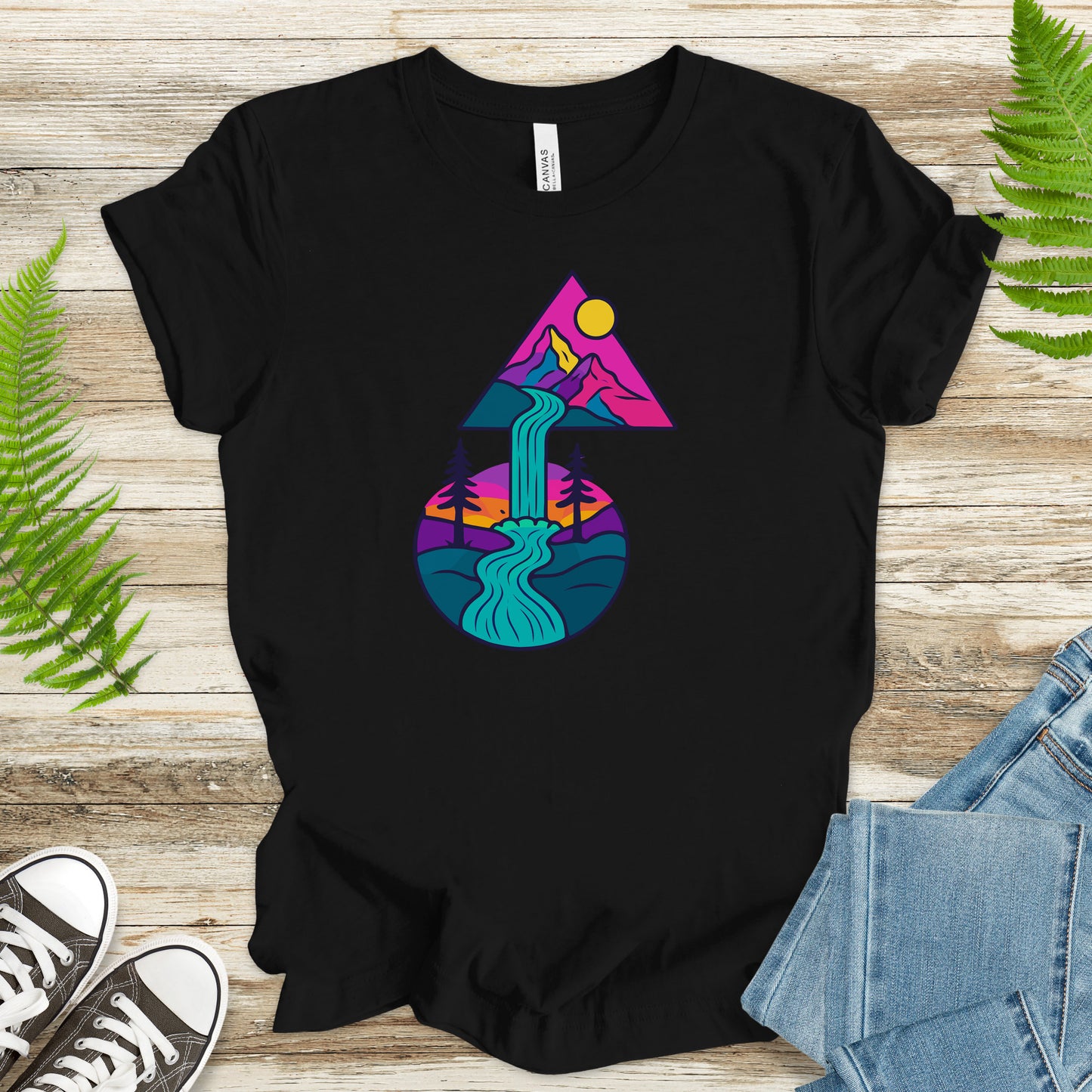 Psychedelic Mountain Waterfall T-Shirt – Colorful Geometric Nature Art Tee