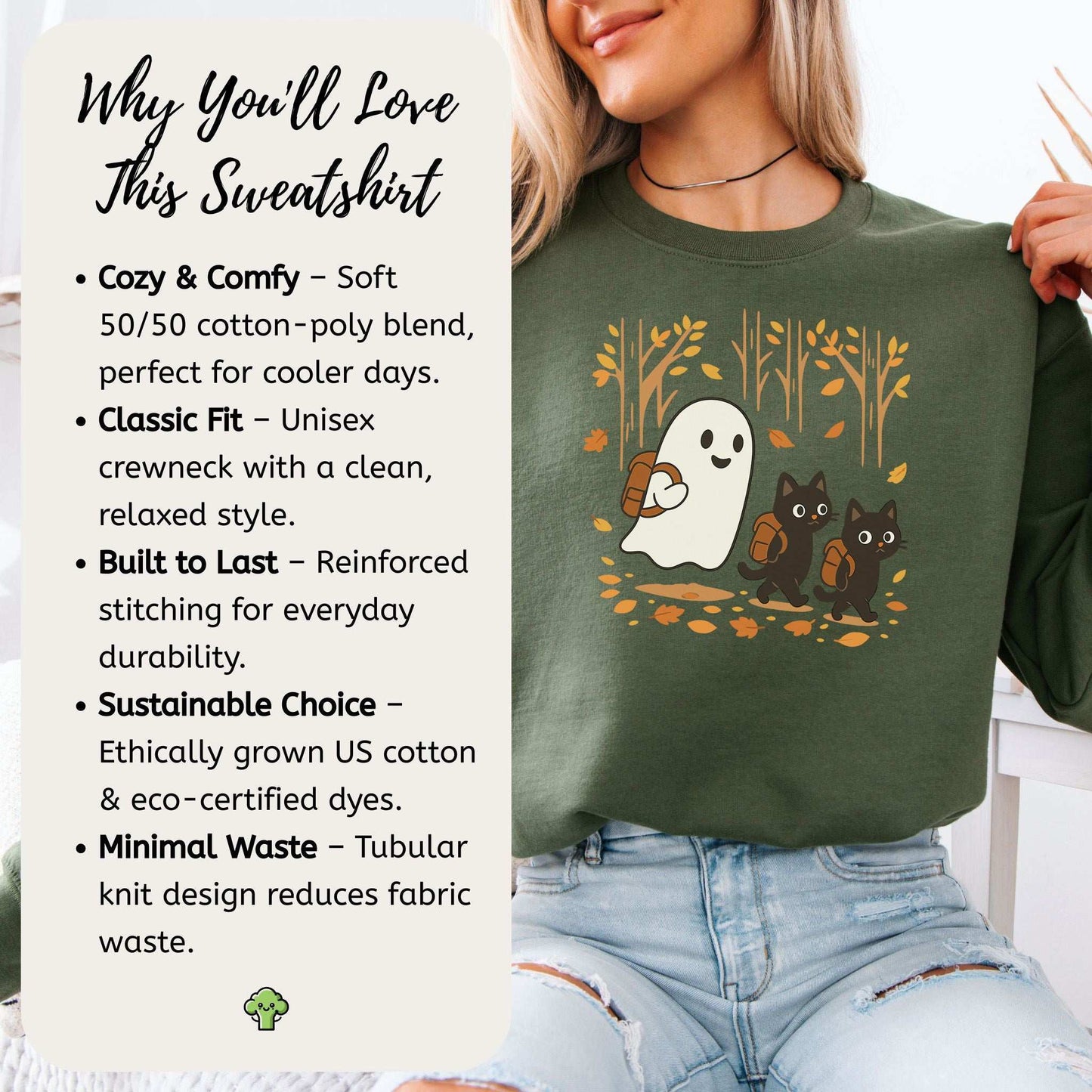 Autumn Ghost & Black Cats Sweatshirt – Cozy Spooky Hiking Magic