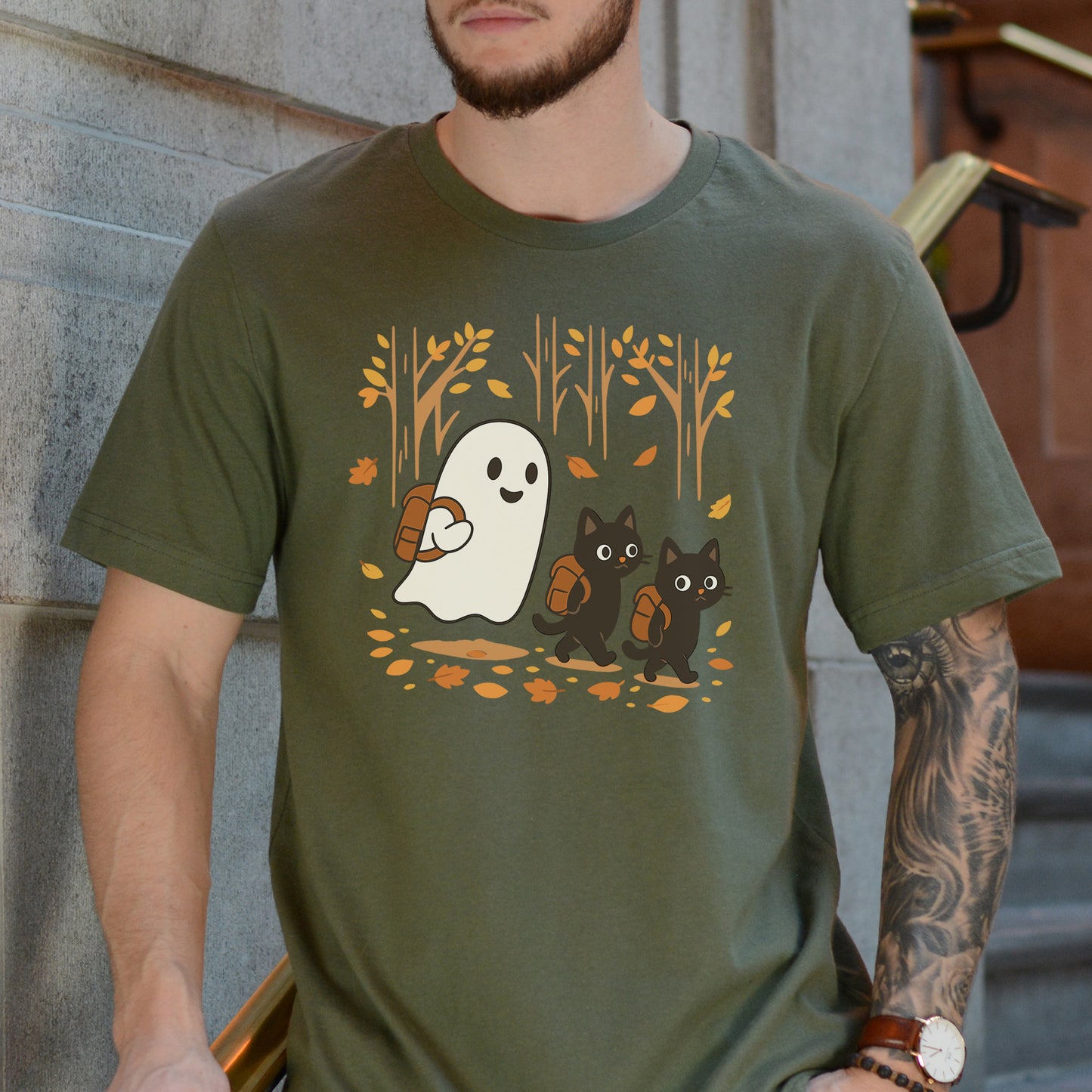 Autumn Ghost & Black Cats T-Shirt – Cozy Spooky Hiking Vibes
