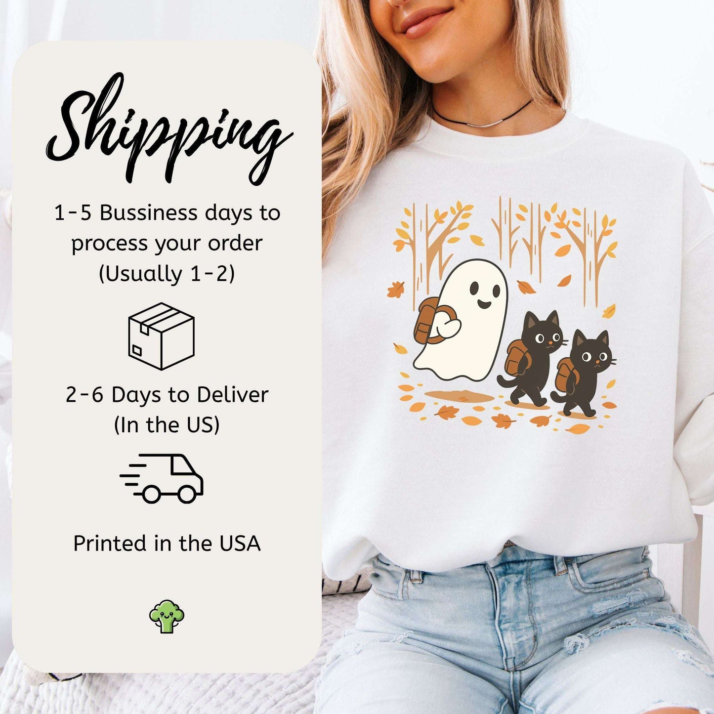 Autumn Ghost & Black Cats Sweatshirt – Cozy Spooky Hiking Magic