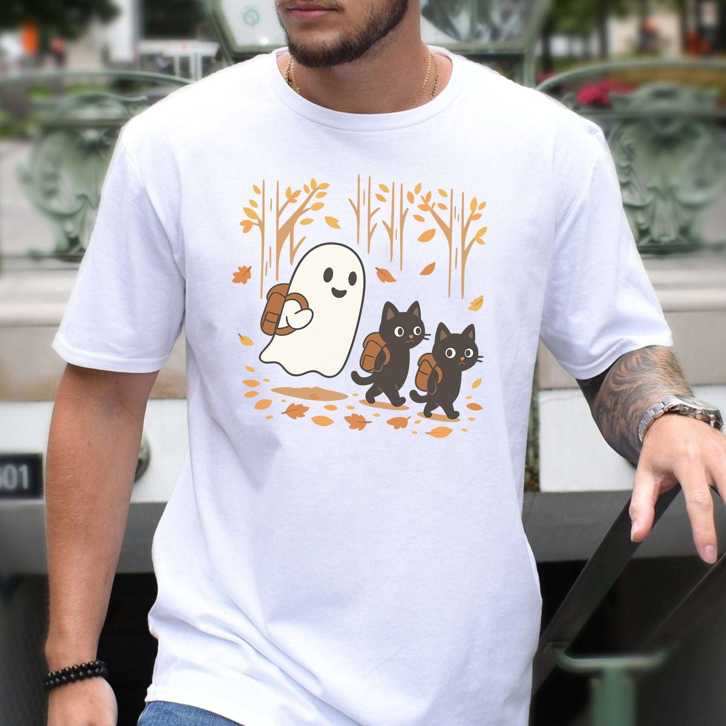 Autumn Ghost & Black Cats T-Shirt – Pumpkin Patch Cozy Vibes