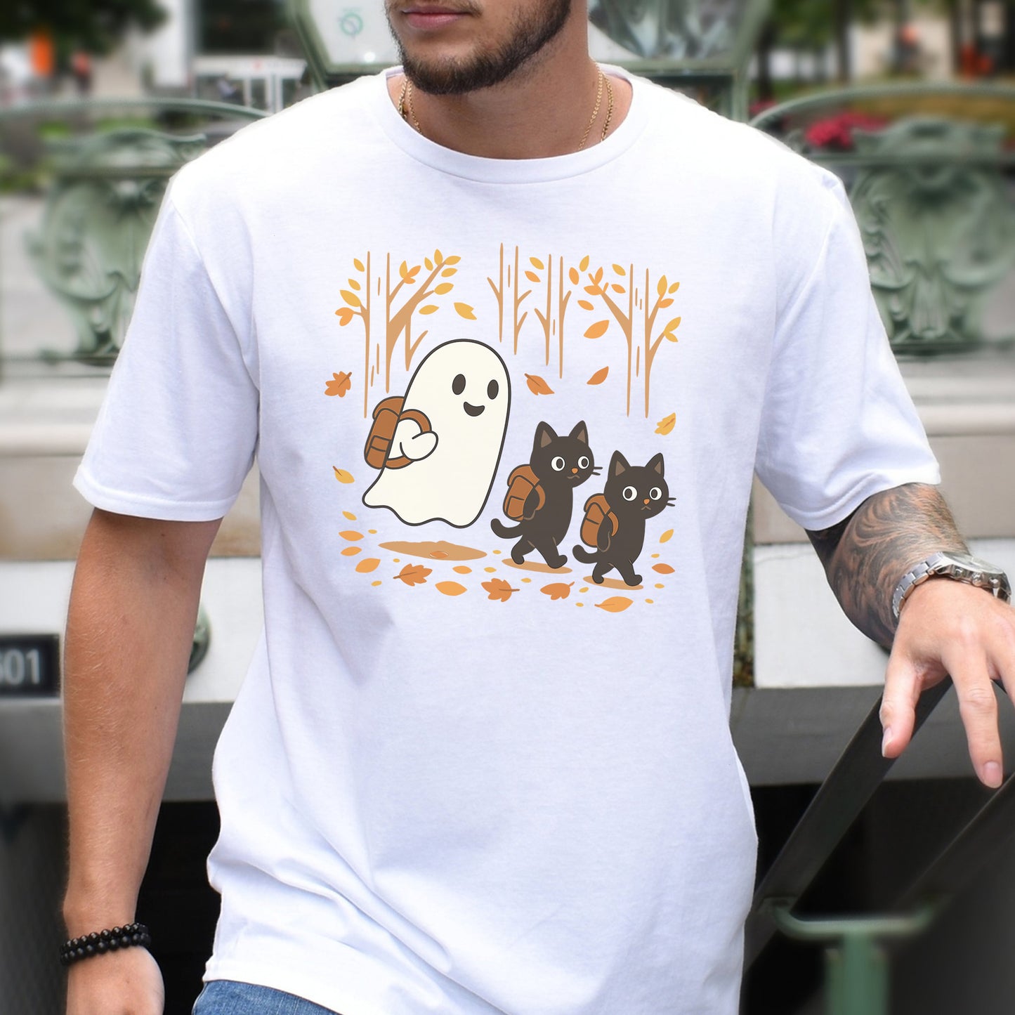 Autumn Ghost & Black Cats T-Shirt – Cozy Spooky Hiking Vibes