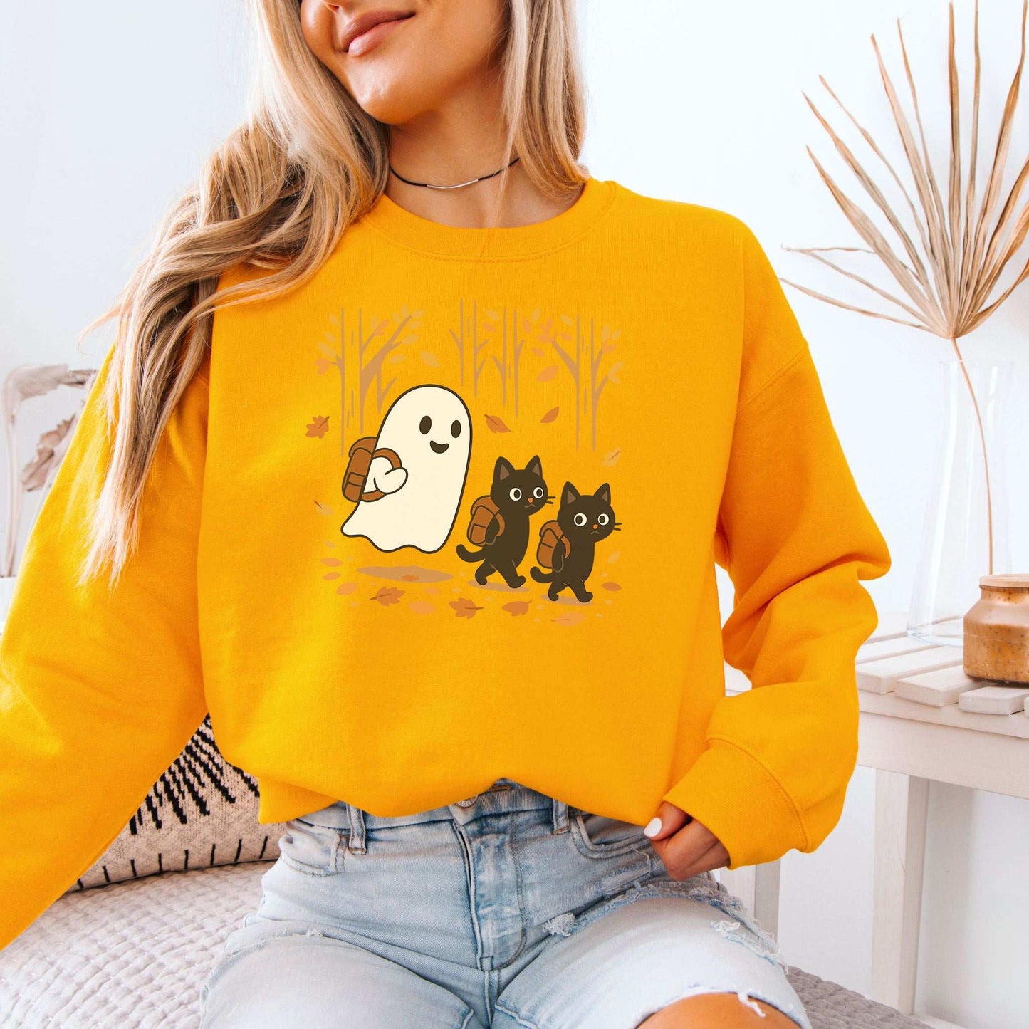 Autumn Ghost & Black Cats Sweatshirt – Cozy Spooky Hiking Magic