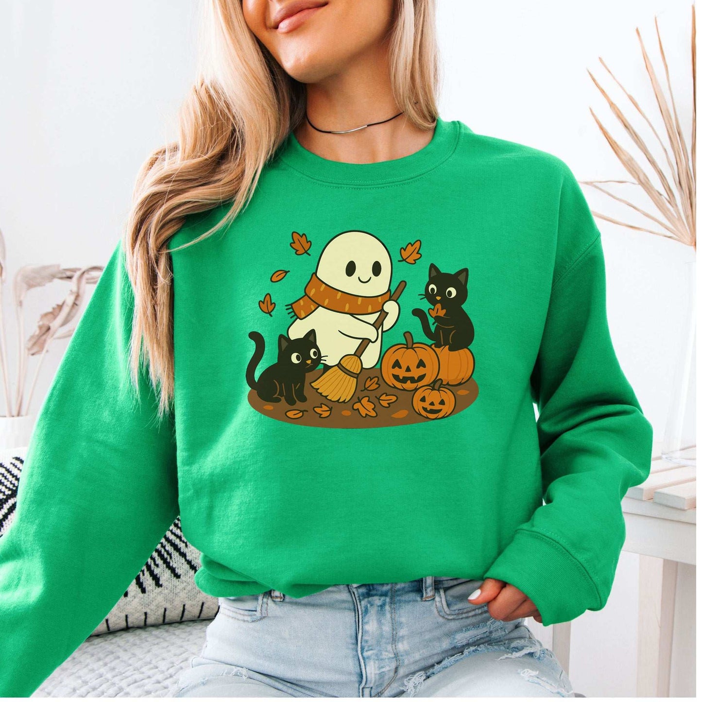 Autumn Ghost & Black Cats Sweatshirt – Pumpkin Patch Cozy Vibes