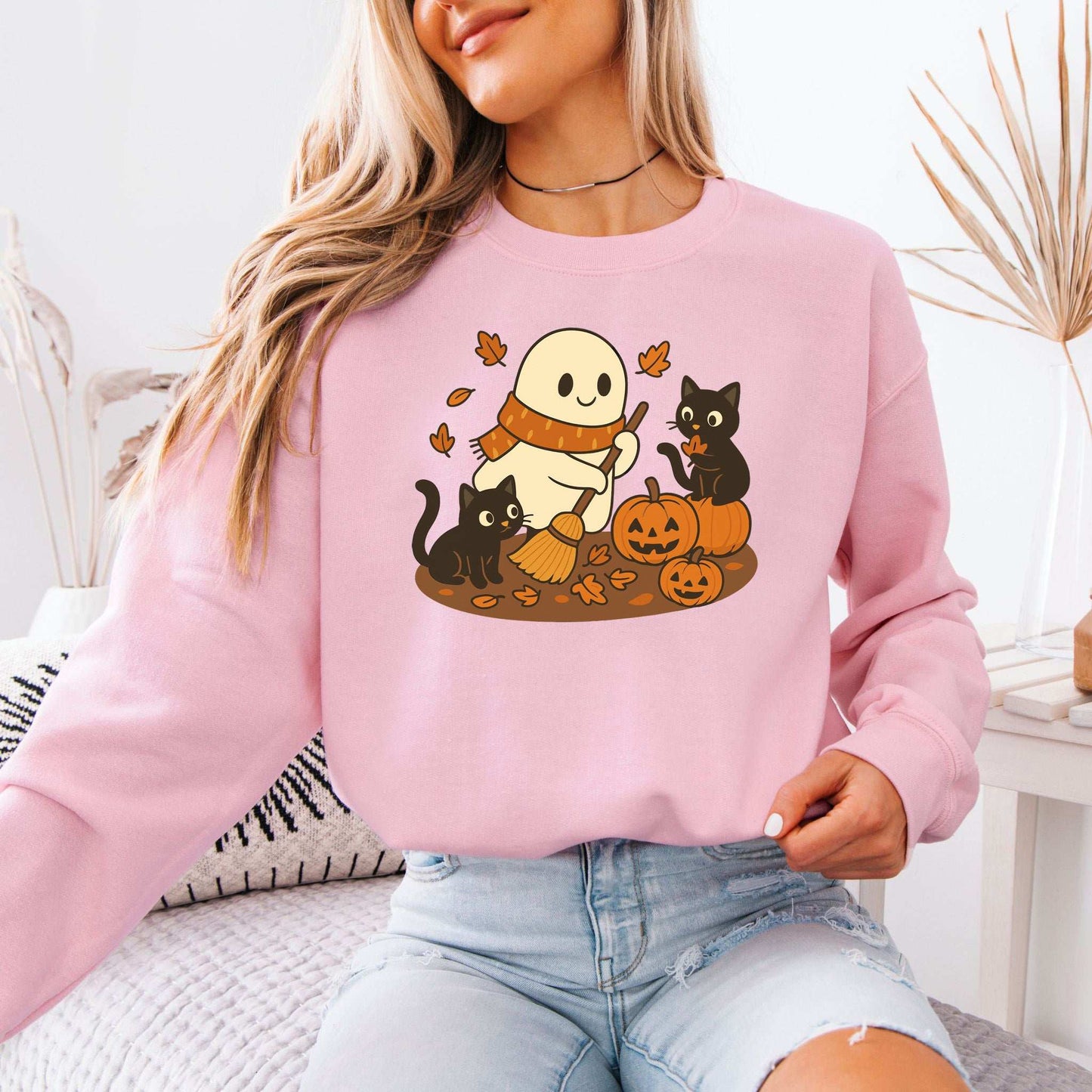 Autumn Ghost & Black Cats Sweatshirt – Pumpkin Patch Cozy Vibes