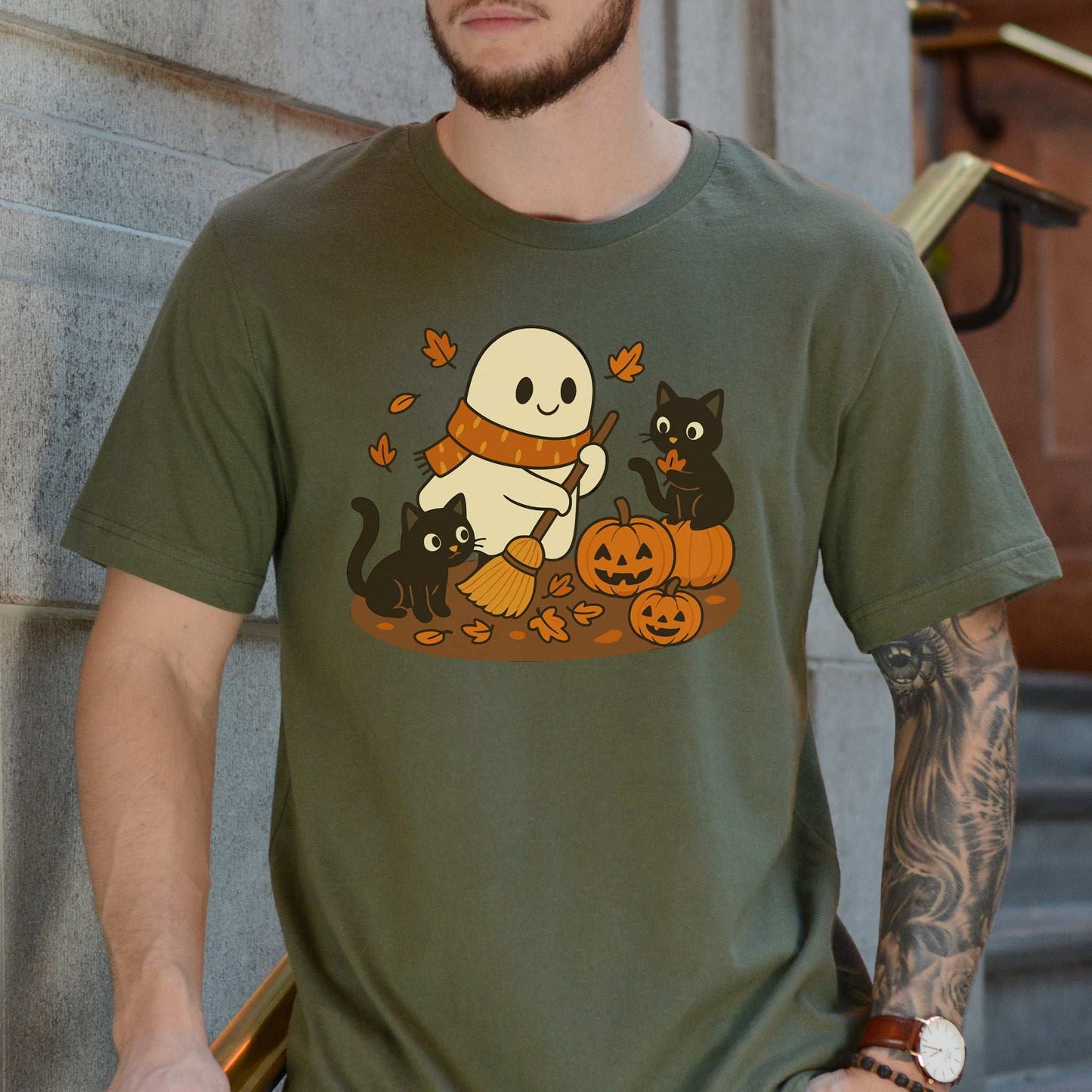 Autumn Ghost & Black Cats T-Shirt – Pumpkin Patch Cozy Vibes
