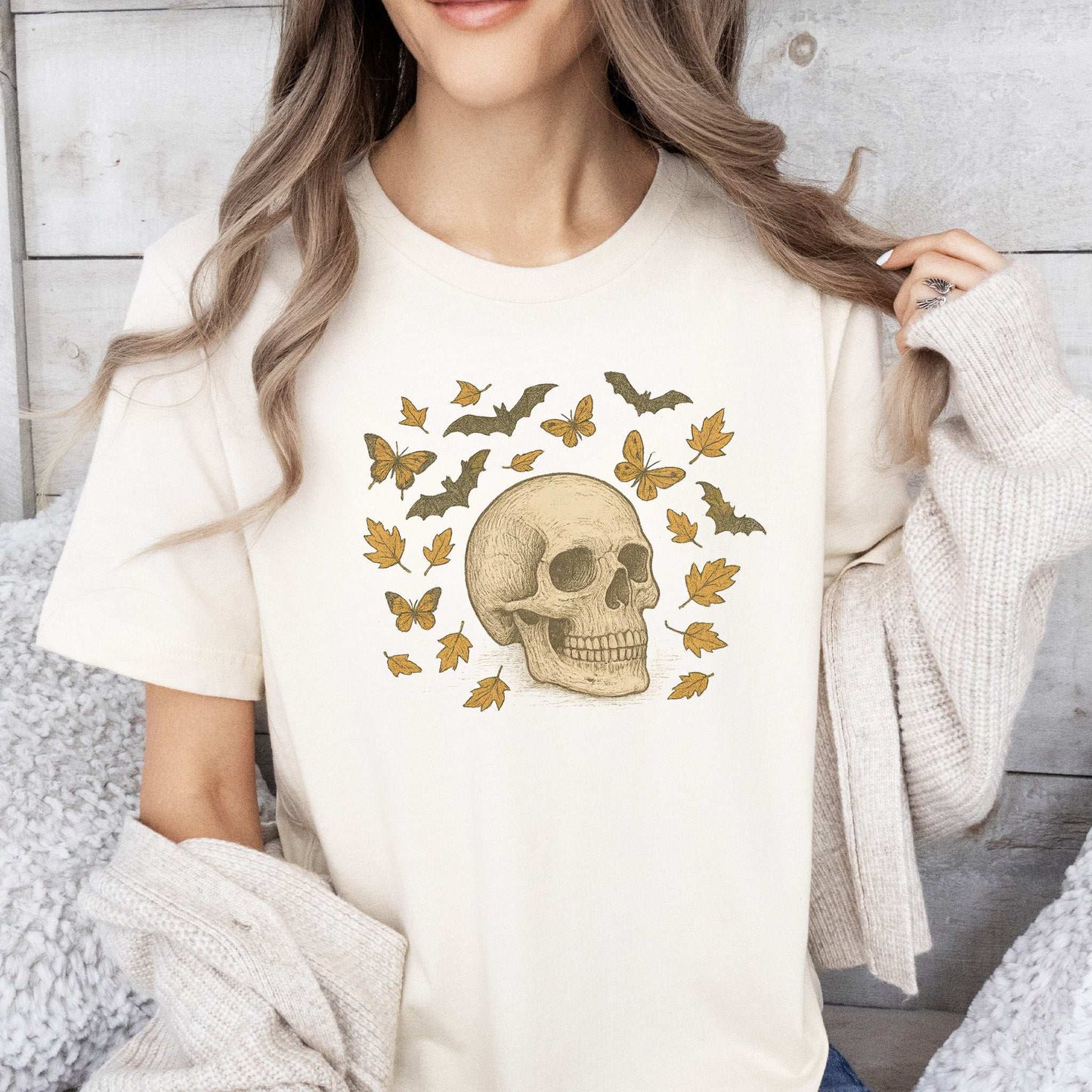 Autumn Skull T-Shirt – Vintage Bats, Butterflies & Fall Leaves