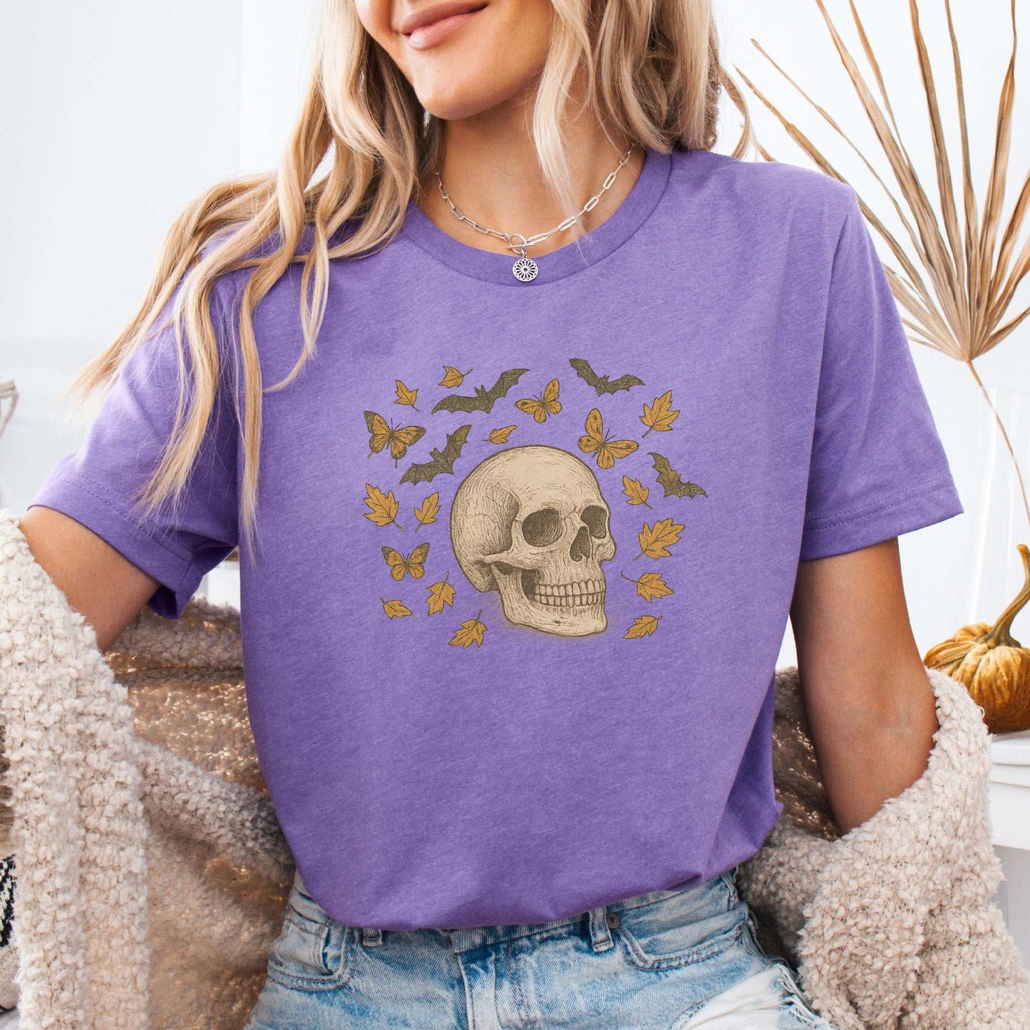 Autumn Skull T-Shirt – Vintage Bats, Butterflies & Fall Leaves